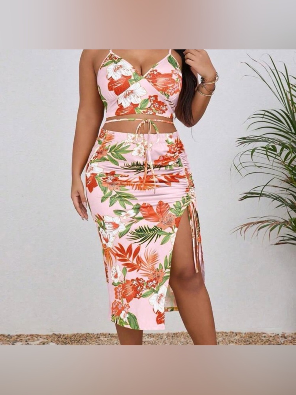 🆕 NEW Without Tags Pink Floral Ruched Side-Slit Midi Skirt and Top Set - 4XL